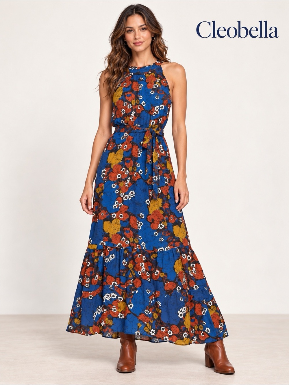 Cleobella Blue Sakura Floral Camille Halter Maxi Dress Size XS